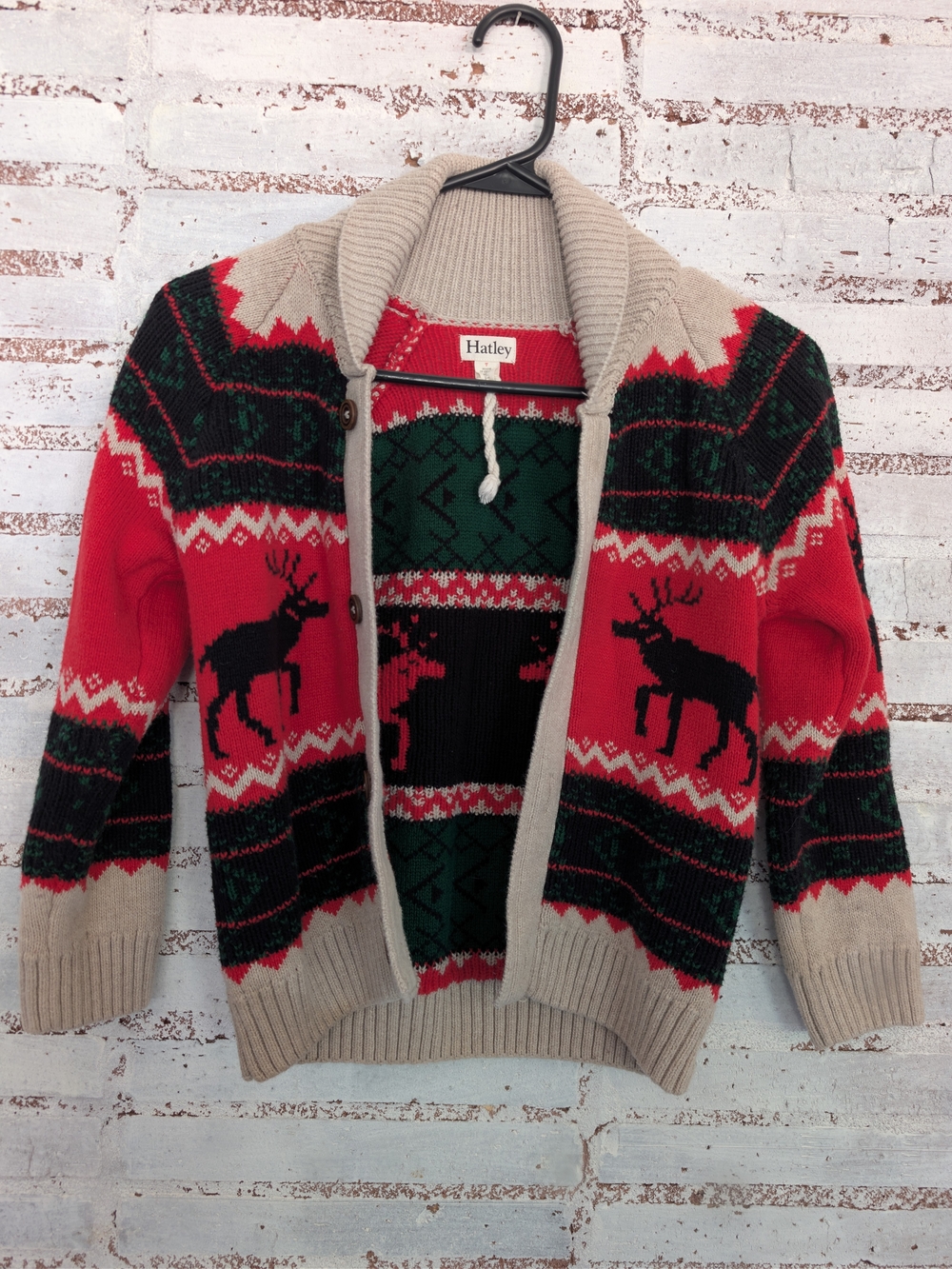 Hatley Red, Green & Beige Reindeer Fair Isle Cardigan